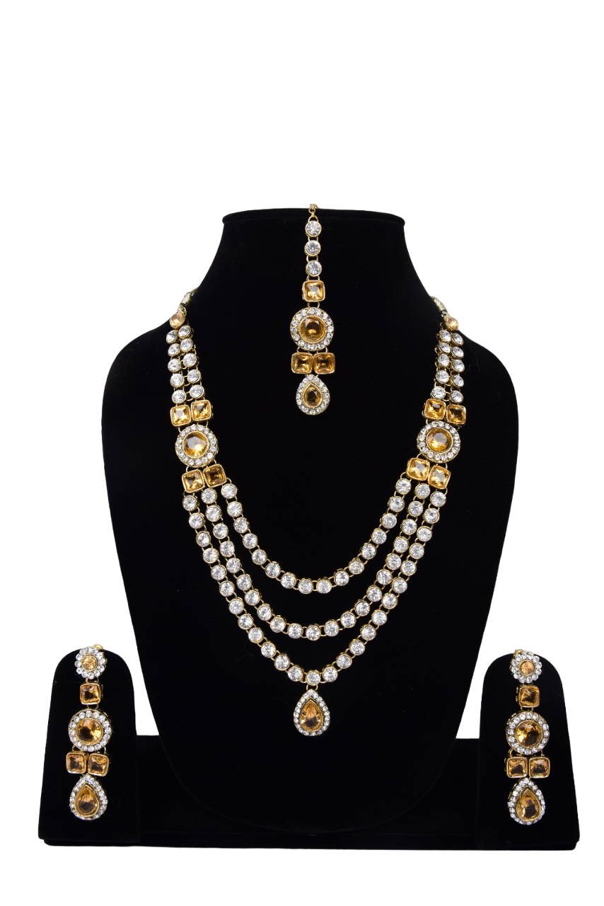 Namokriti Designer Kundan Look Wedding Jewelry Set – 3-Layer Necklace with Earrings & Tikka